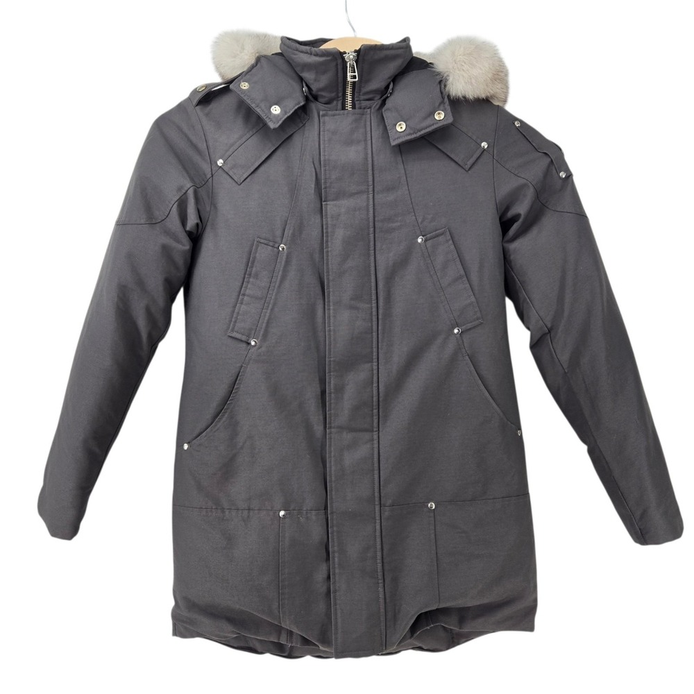 Moose Knuckles Stirling Jacket Mens M Gray Hooded Fox Fur Down Fill Puffer Parka